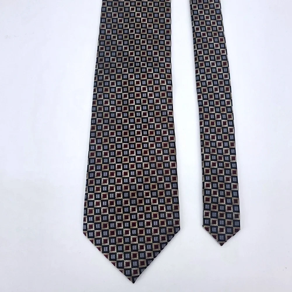 Joseph & Feiss Men Silk Tie Burgundy Grey Gold Geometric Square Pattern Handmade